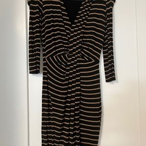 Flattering black midi dress with brown stripes